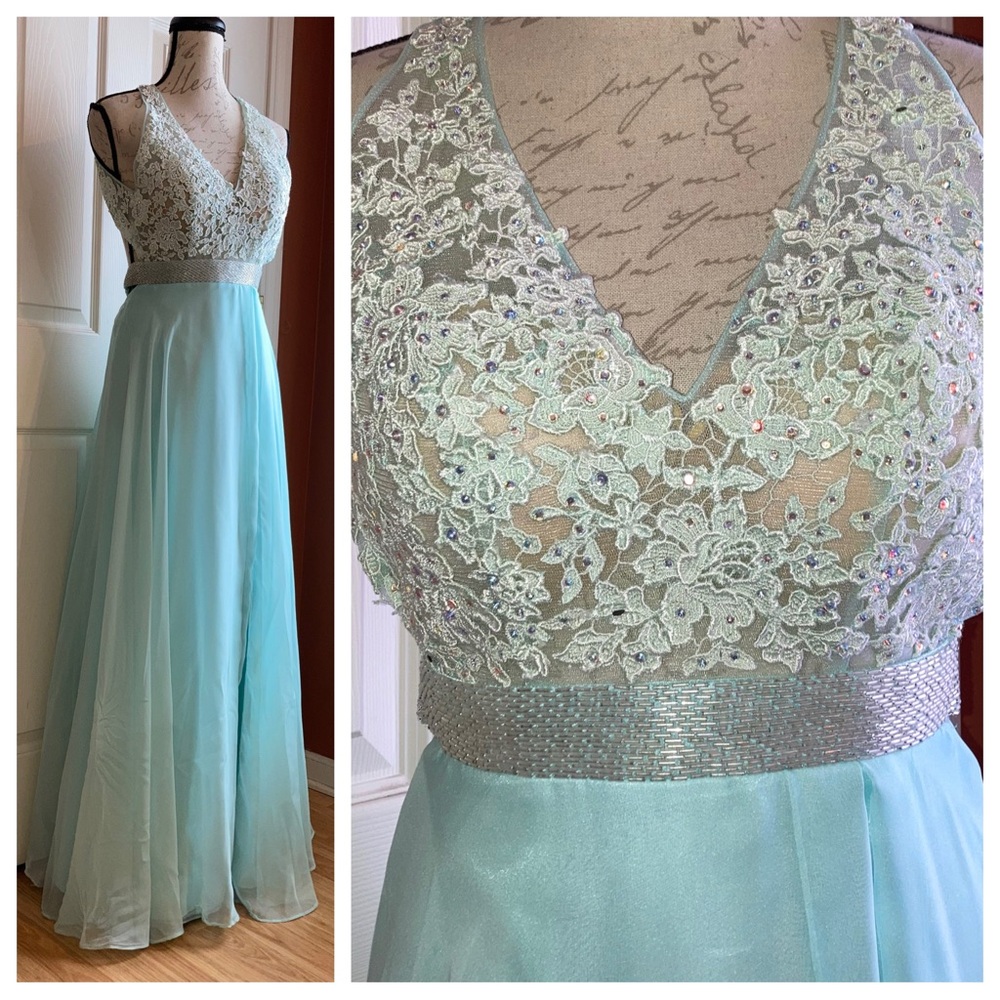Mori Lee Embroidered Beaded Maxi Prom Event Gown Dress Baby Blue sz 0
